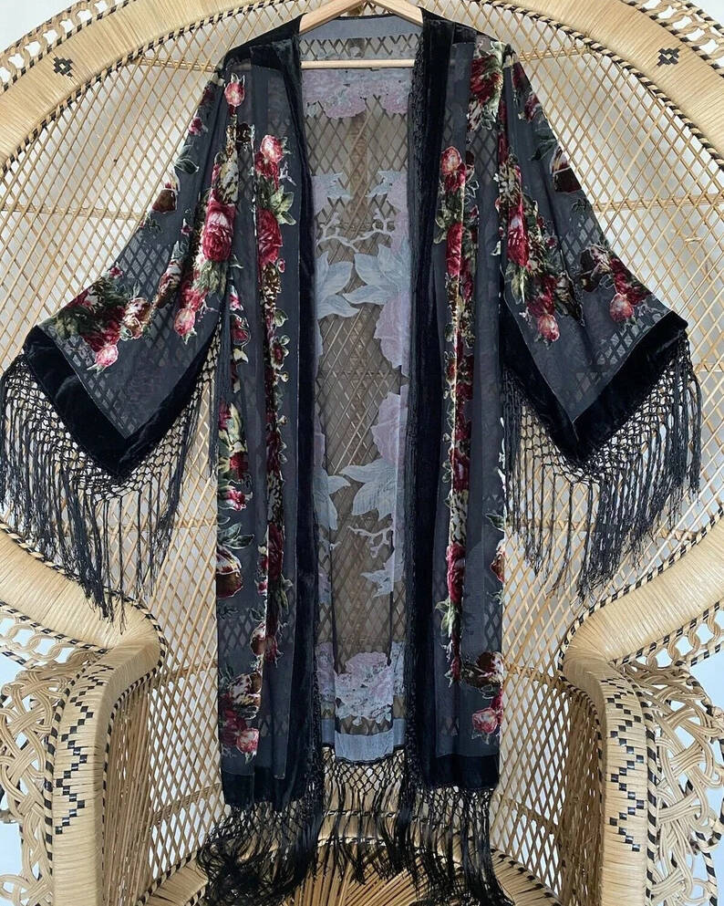 Kimono fringed velvet cardigan