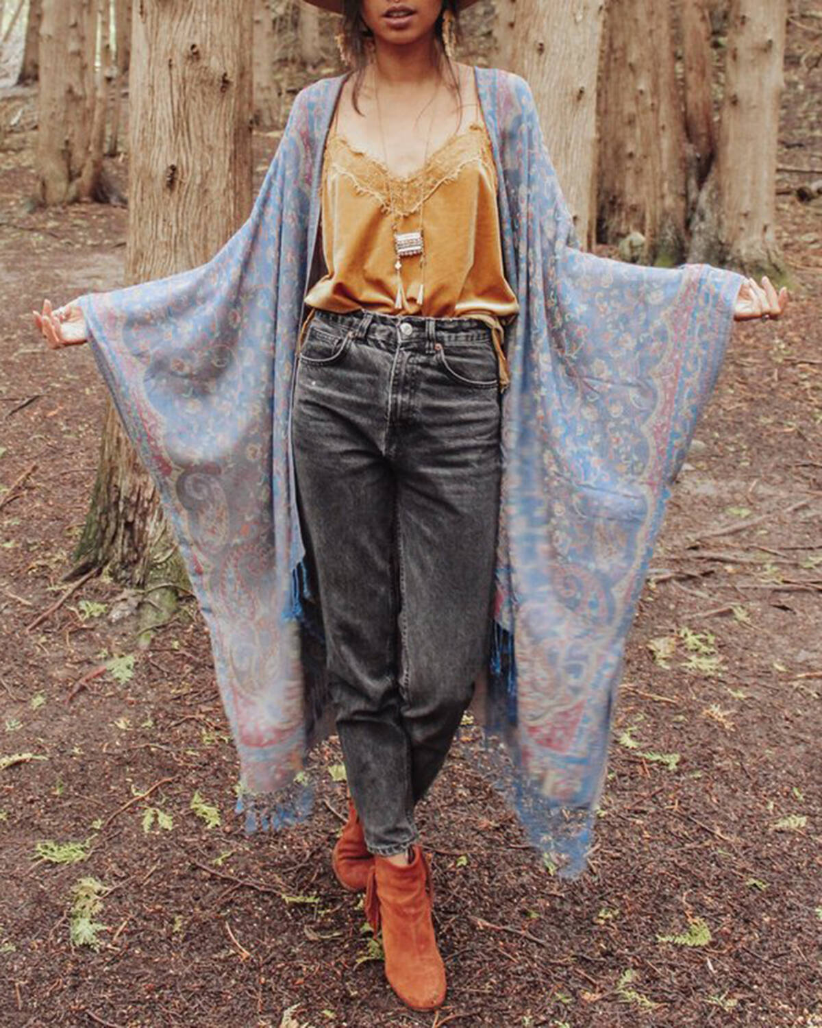 Retro loose print tassel woman kimono