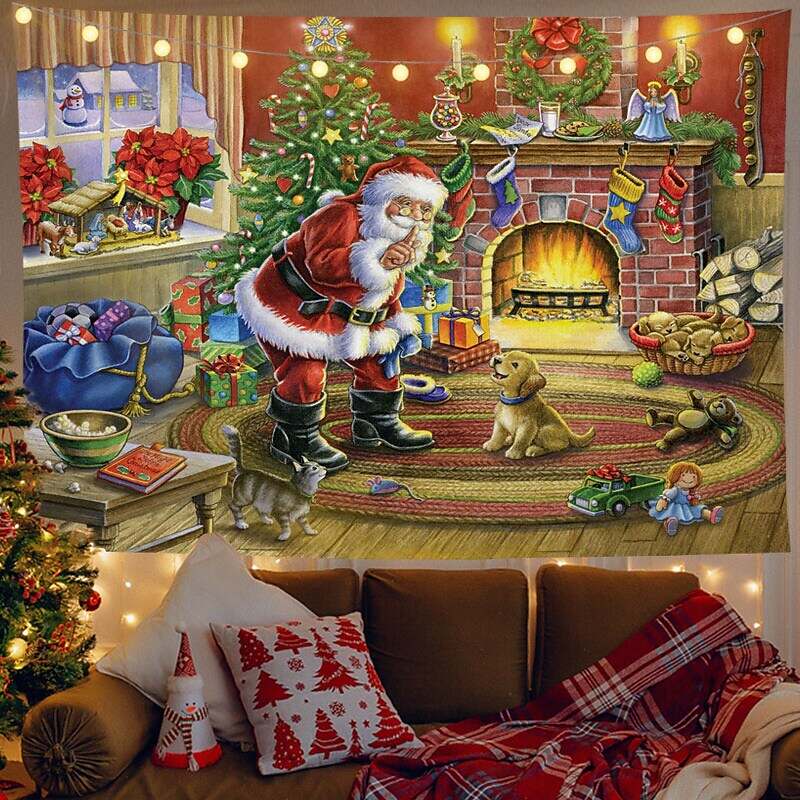 Christmas Decor LED Lights Wall Tapestry Santa Claus Print