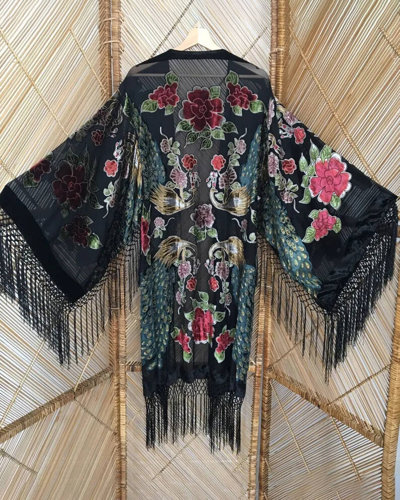 Mid-Length Kimono Fringed Velvet Cardigan Jacket