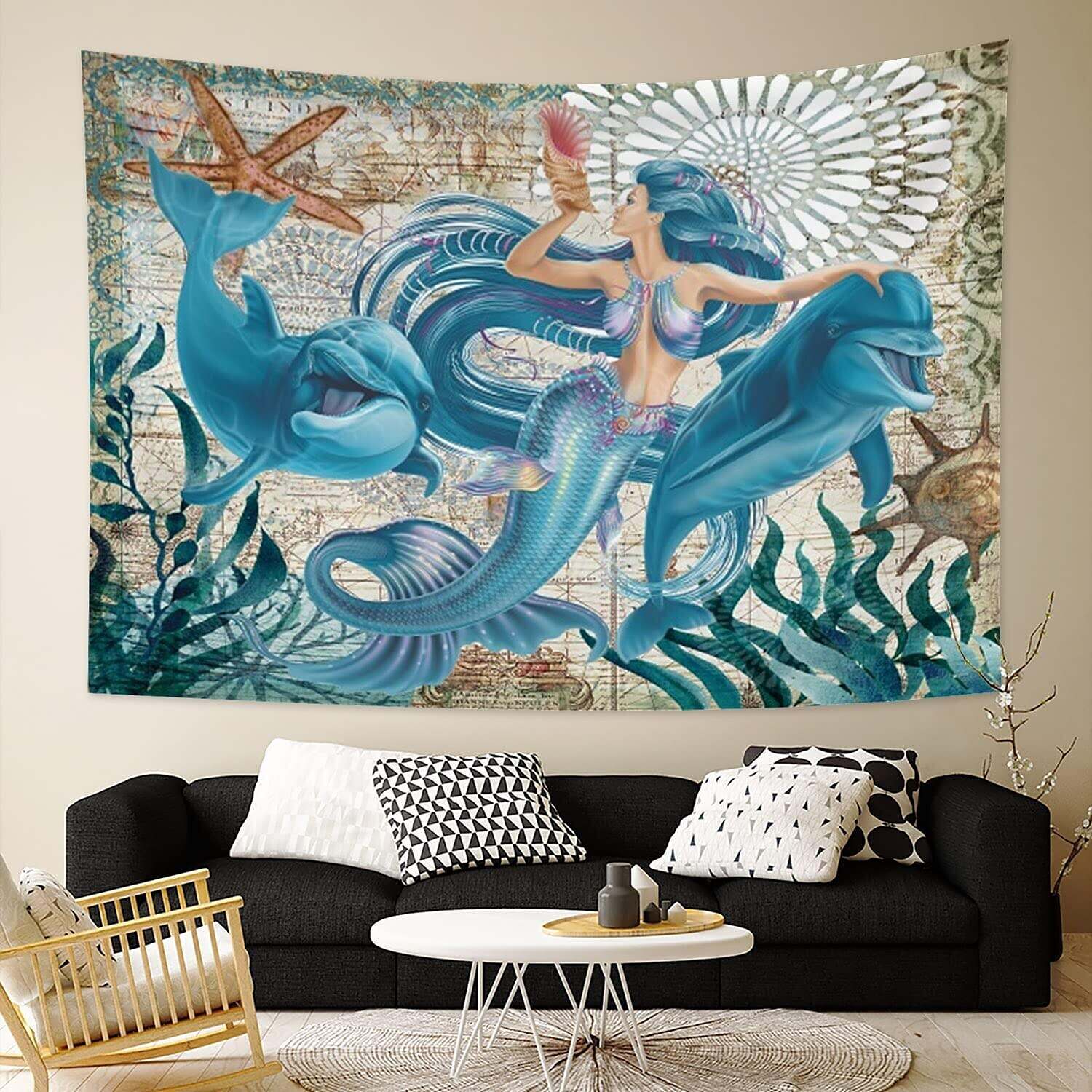 Cute Mermaid and Dolphin Wall Tapestry Art Decor