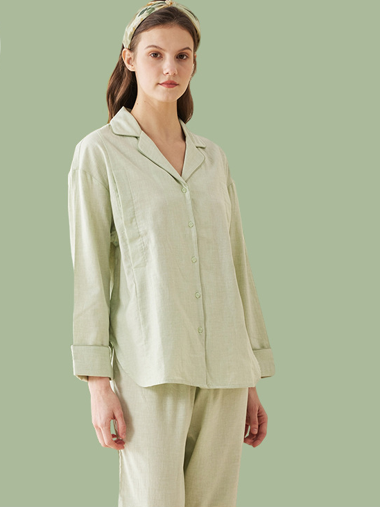 Casual Plain Regular Sleeve Shawl Collar Cotton Long Sleeve Pajama Set