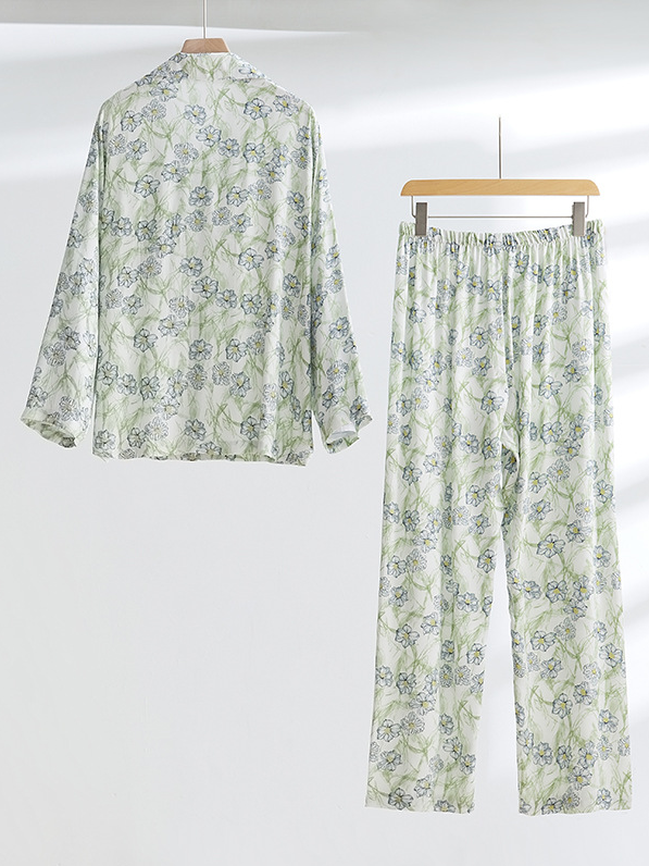 Shawl Collar Simple Floral Long Sleeve Pajama Set