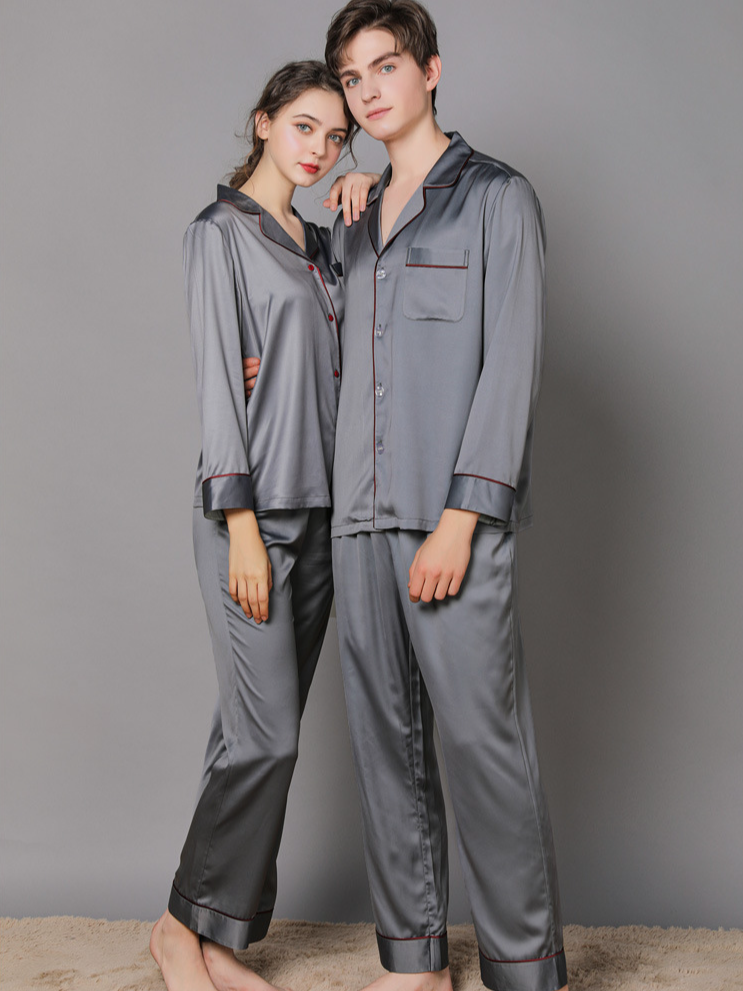 Ice Silk Plain Shawl Collar Casual Long Sleeve Couple Pajama Set