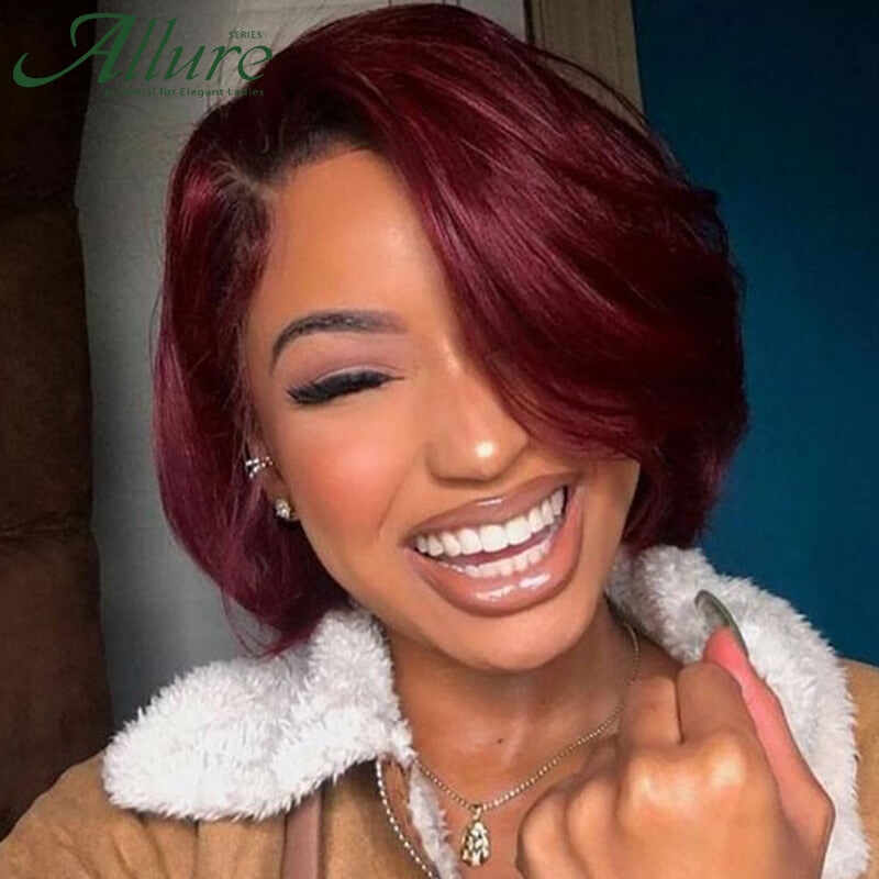 Ombre Burgundy Short Bob Wig With Bangs