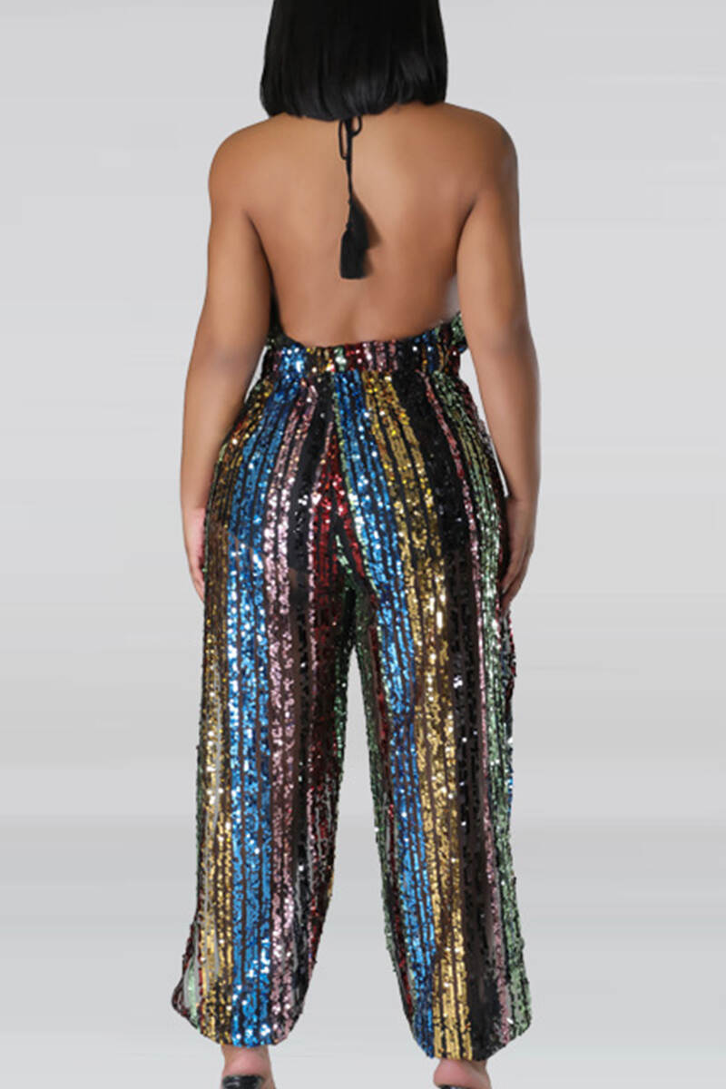 Colour Sexy Sequins Patchwork Slit Halter Regular Jumpsuits