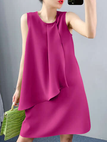 Women Casual Dresses | Solid Ruffle Front Crew Neck Sleeveless Casual A-line Dress - WP59890