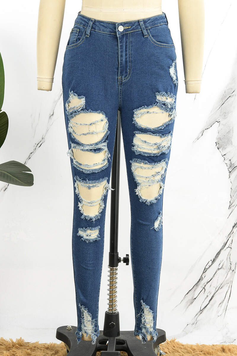 Deep Blue Street Solid Ripped Patchwork Pocket Buttons Zipper High Waist Skinny Denim Jeans