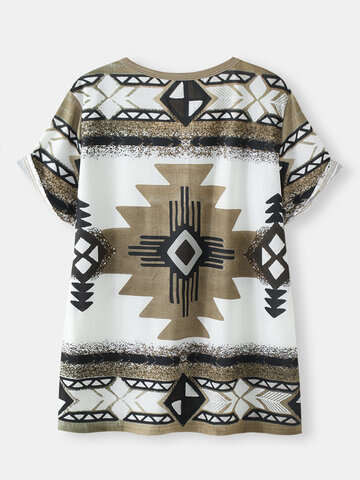 Women T-Shirts | Geometric Ethnic Pattern V-neck Short Sleeve Loose T-Shirt - OK46009