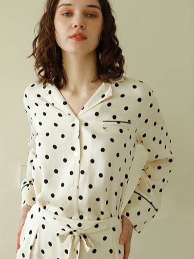 Regular Fit V Neck Polka Dots Elegant Long Sleeve Pajama Set