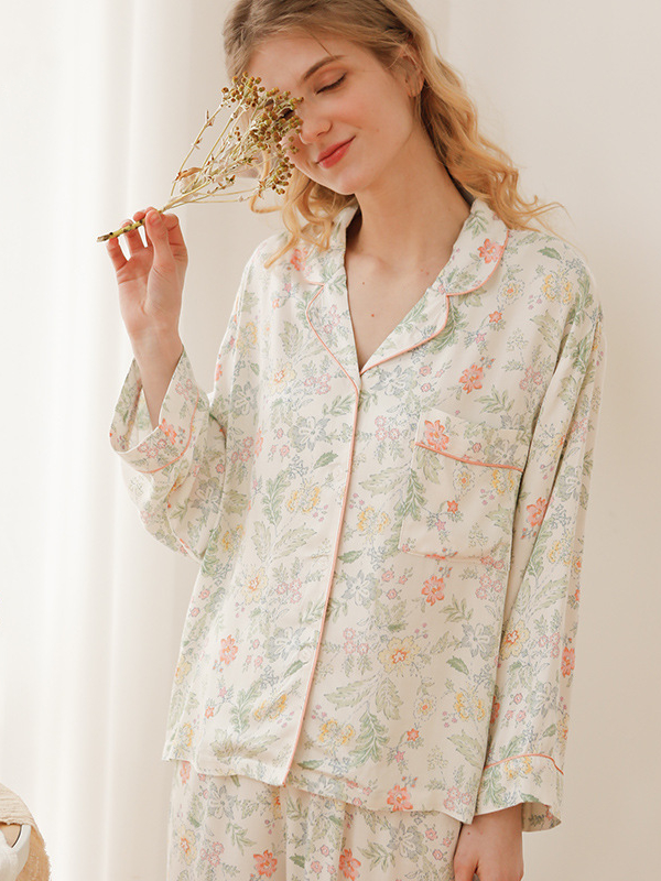 Elegant V Neck Floral Loose Long Sleeve Pajama Set