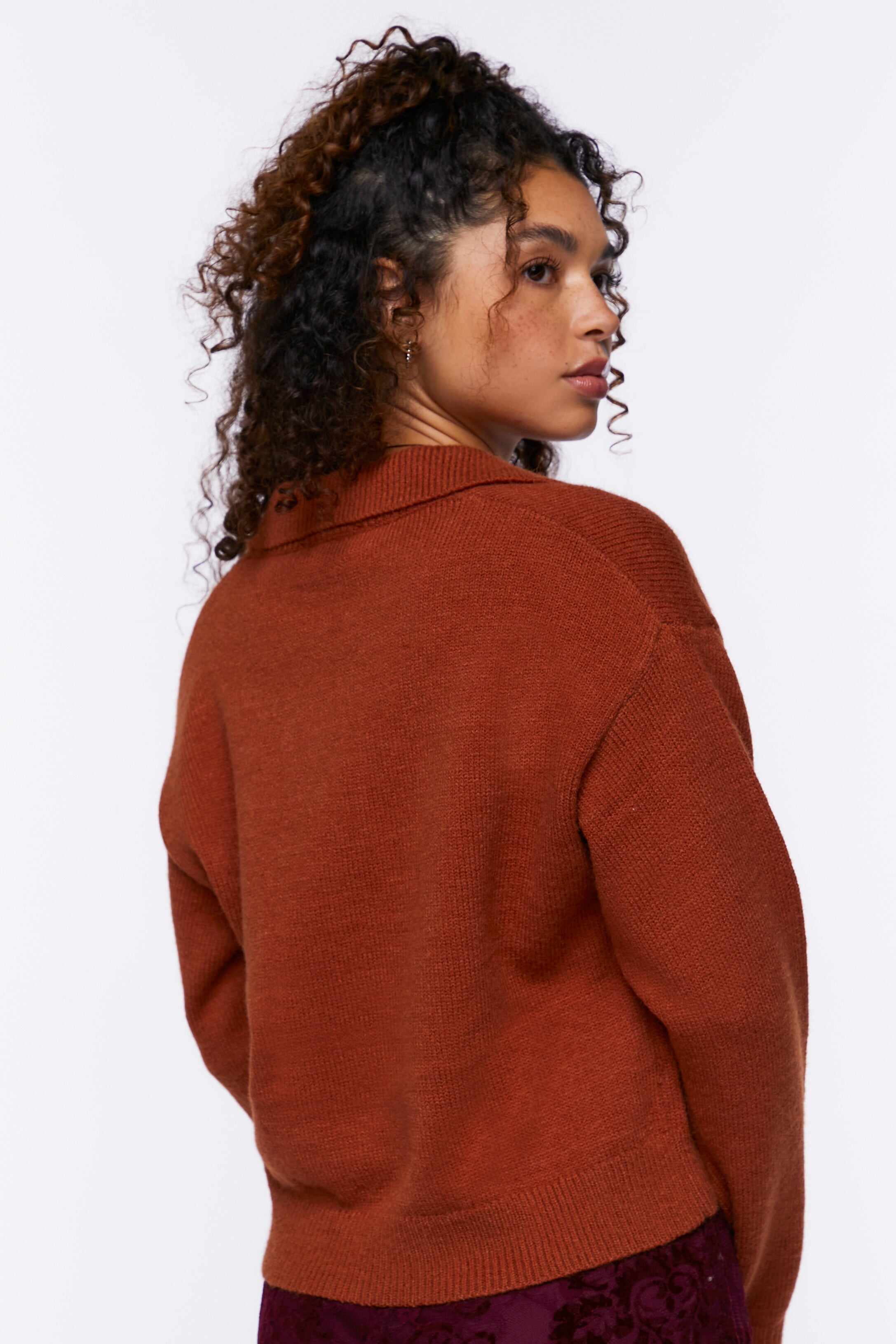 Women Apparel | Split-Neck Collared Sweater Rust Forever21 - PK25801