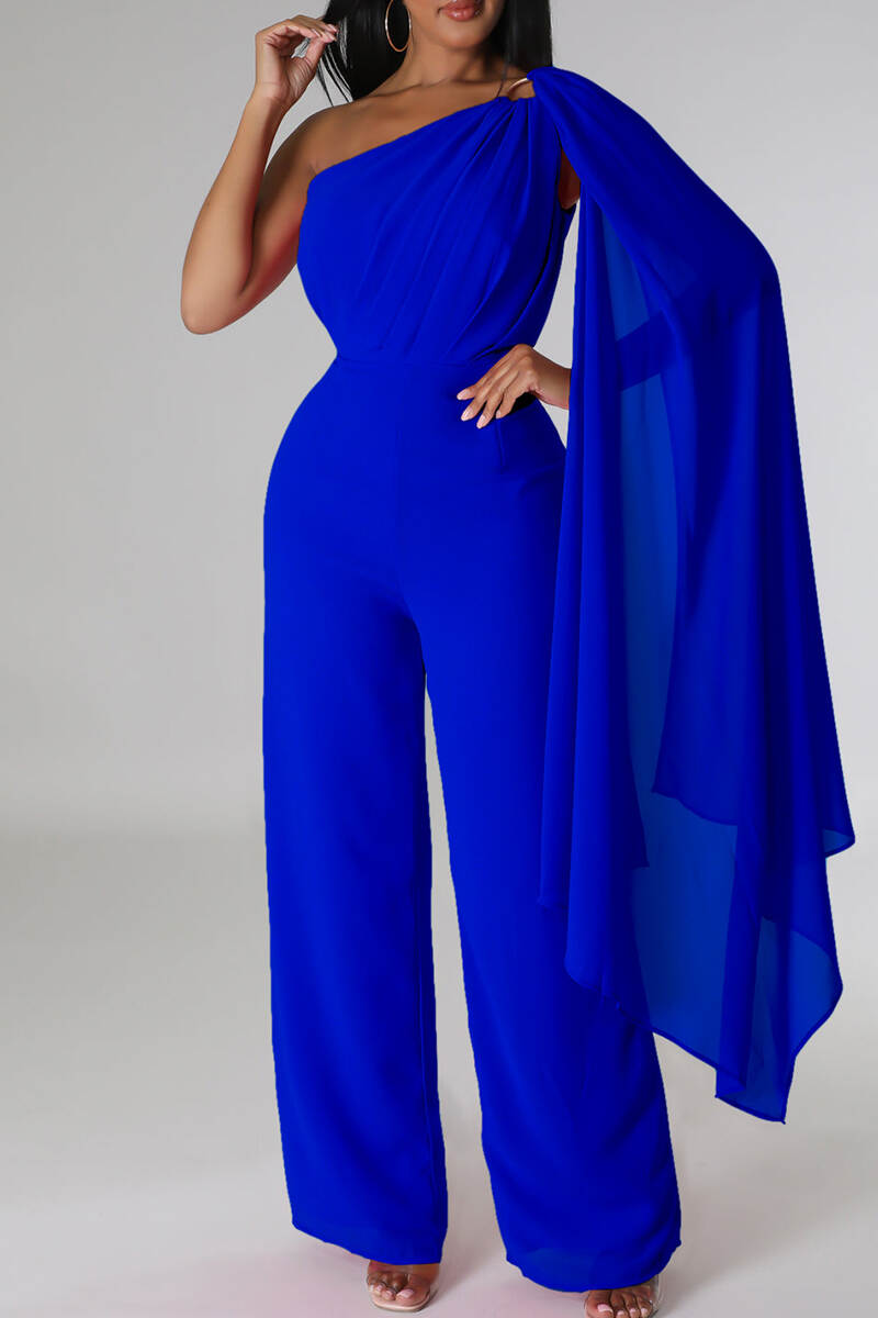 Blue Elegant Solid Patchwork One Shoulder Loose Jumpsuits