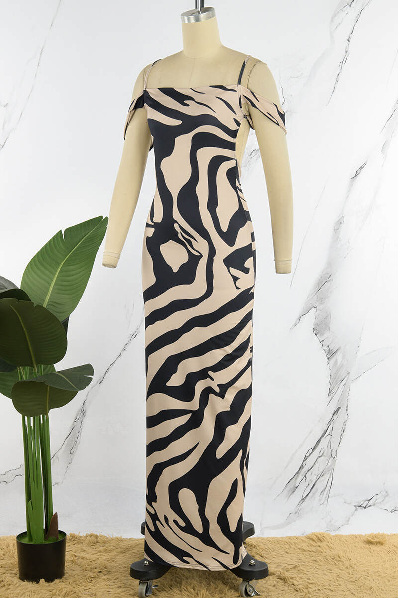 Zebra Sexy Print Backless Spaghetti Strap Long Dress Dresses