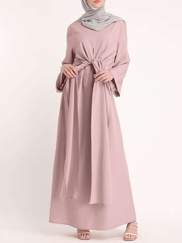 Women Casual Dresses | Solid Color Knotted Long Sleeve Maxi Muslim Dress - QV85996