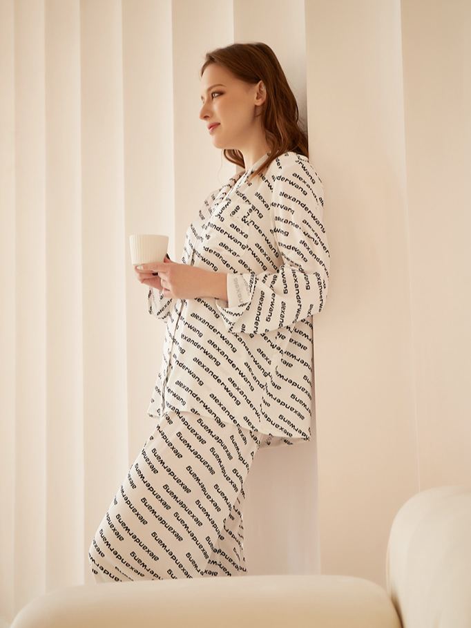 Elegant Ice Silk V Neck Loose Long Sleeve Pajama Set