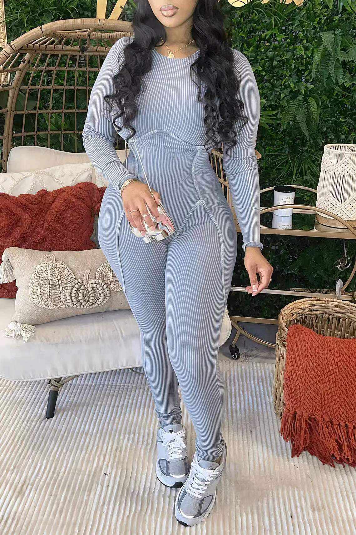 Grey Casual Solid Patchwork O Neck Skinny Jumpsuits