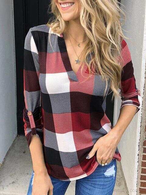 Long Sleeve Plaid Print V-neck Tops