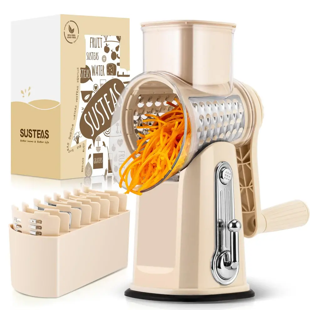 Rotary Cheese Grater with Handle, Vegetable Food Shredder with 5 Well-designed Blades & Strong Suction Base, Round Mandoline Slicer & Fruit Slicer for Kitchen