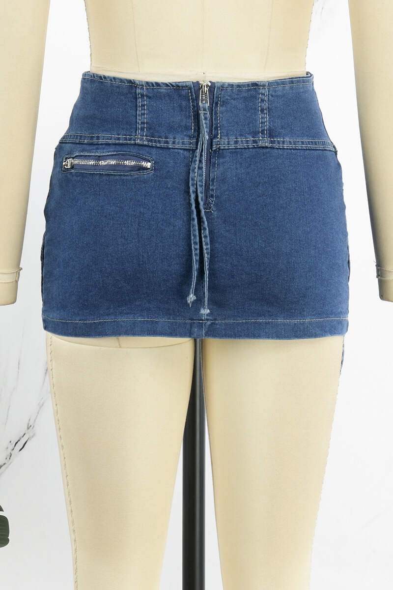 The cowboy blue Casual Solid Patchwork High Waist Skinny Denim Skirts