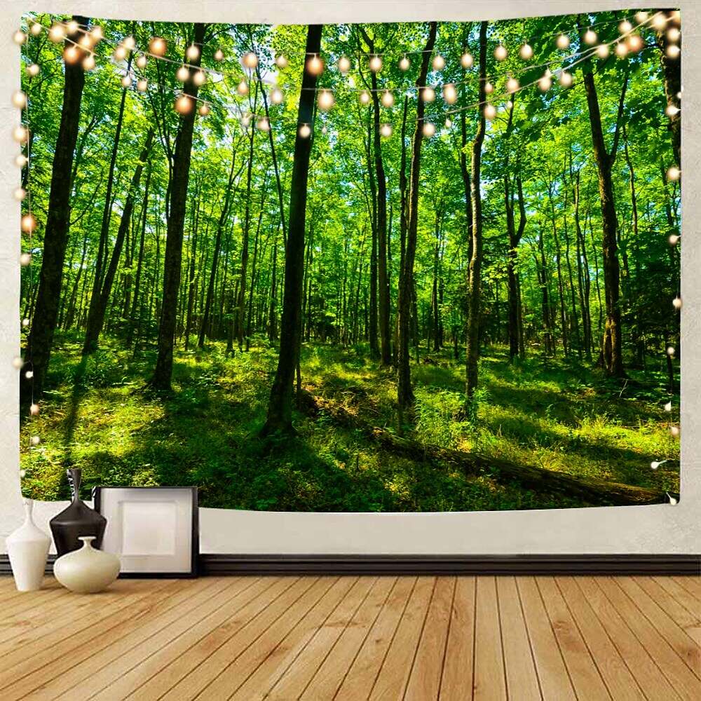 Landscape Tree Wall Tapestry Art Decor Misty Forest Nature Sunshine Through Tree