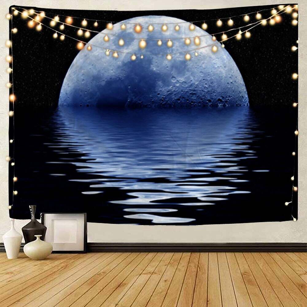 Moon Sea Sky Wall Tapestry Art Decor Landscape Full Night Ocean Cloud