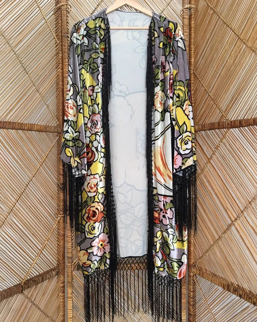 Mid-Length Kimono Fringed Velvet Cardigan Jacket