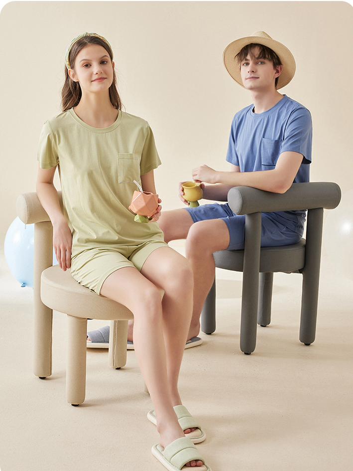 Modal Simple Crew Neck Loose Short Sleeve Couple Pajama Set