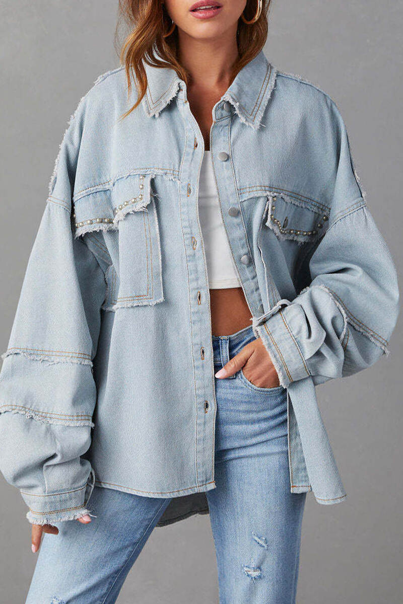 Apricot Casual Solid Patchwork Turndown Collar Long Sleeve Regular Denim Jacket