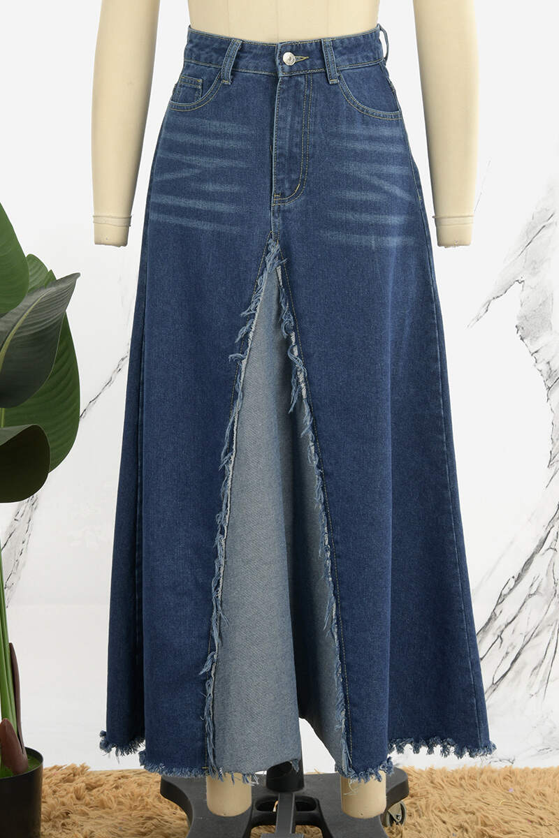 Deep Blue Casual Patchwork Contrast High Waist Regular Denim Skirts