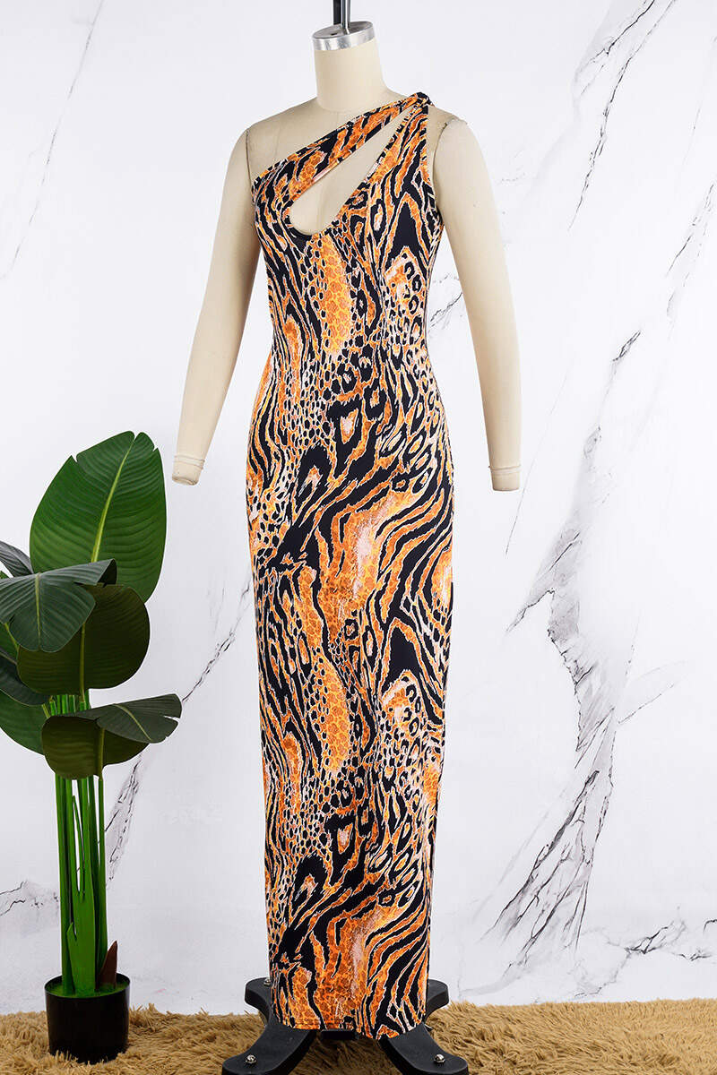 Orange Sexy Print Hollowed Out Backless Oblique Collar Long Dress Dresses