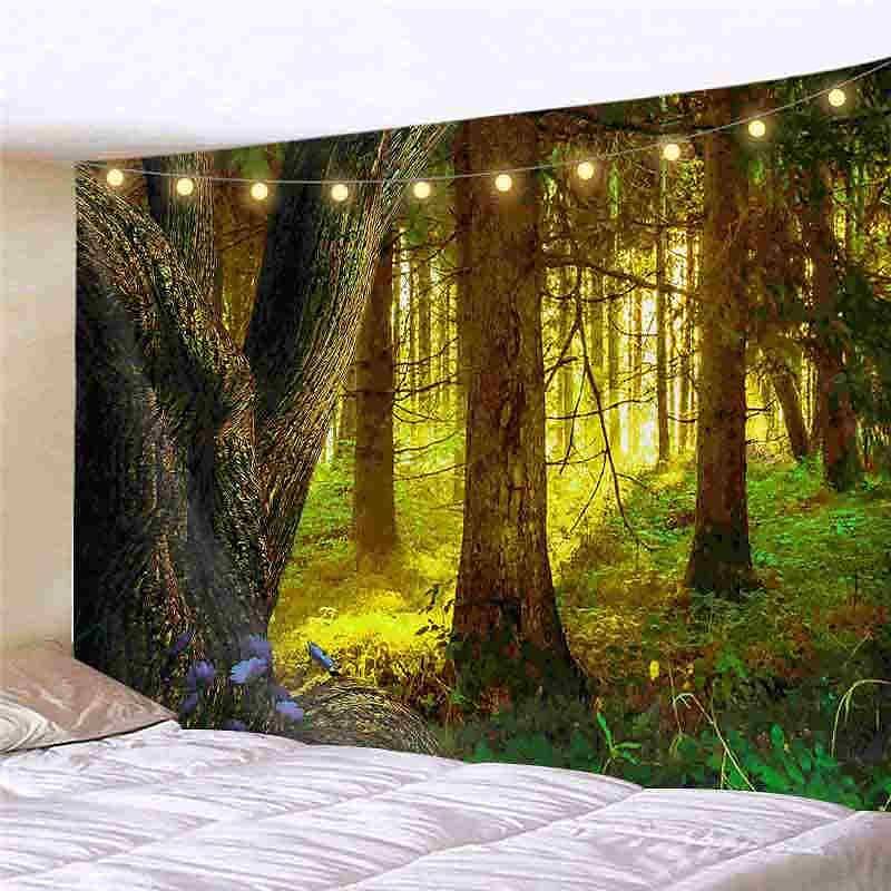 Landscape LED Lights Wall Tapestry Art Decor Forest River Tree Print