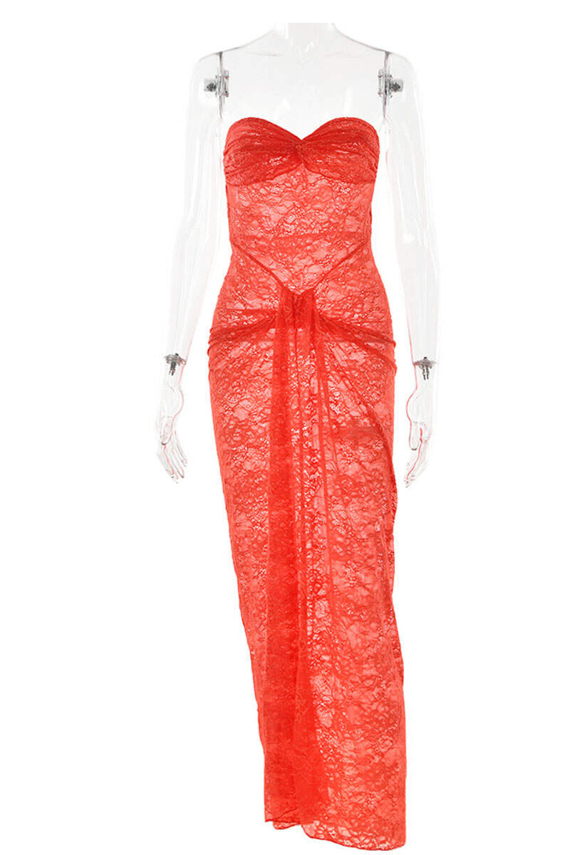 Tangerine Red Sexy Solid Lace Patchwork See-through Backless Strapless Wrapped Skirt Dresses