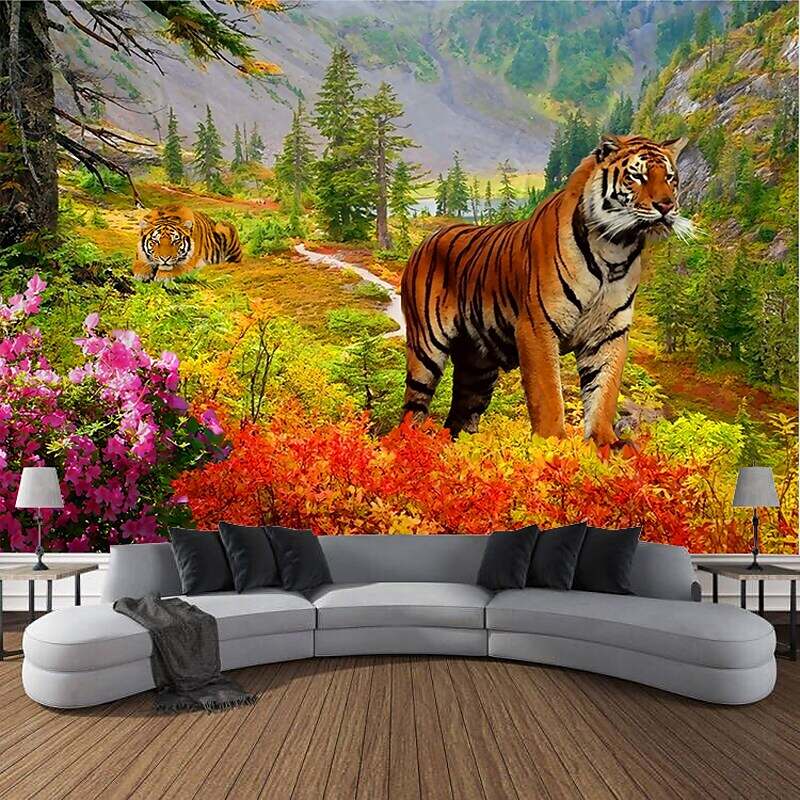 Forest Wildlife Tiger Scenery Wall Tapestry Art Decoration Blanket Curtain Hanging Home Bedroom Living Room Decoration