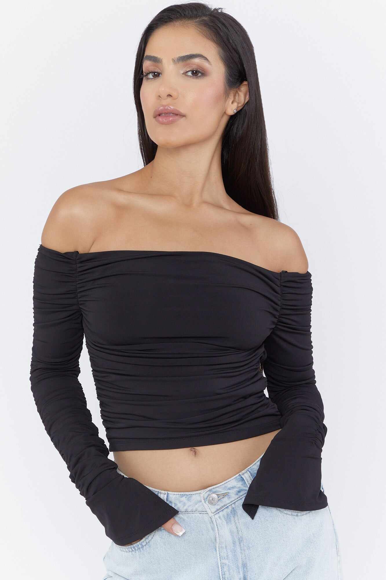 Women Apparel | Ruched Off-Shoulders Crop Top Black Forever21 - ZG39997