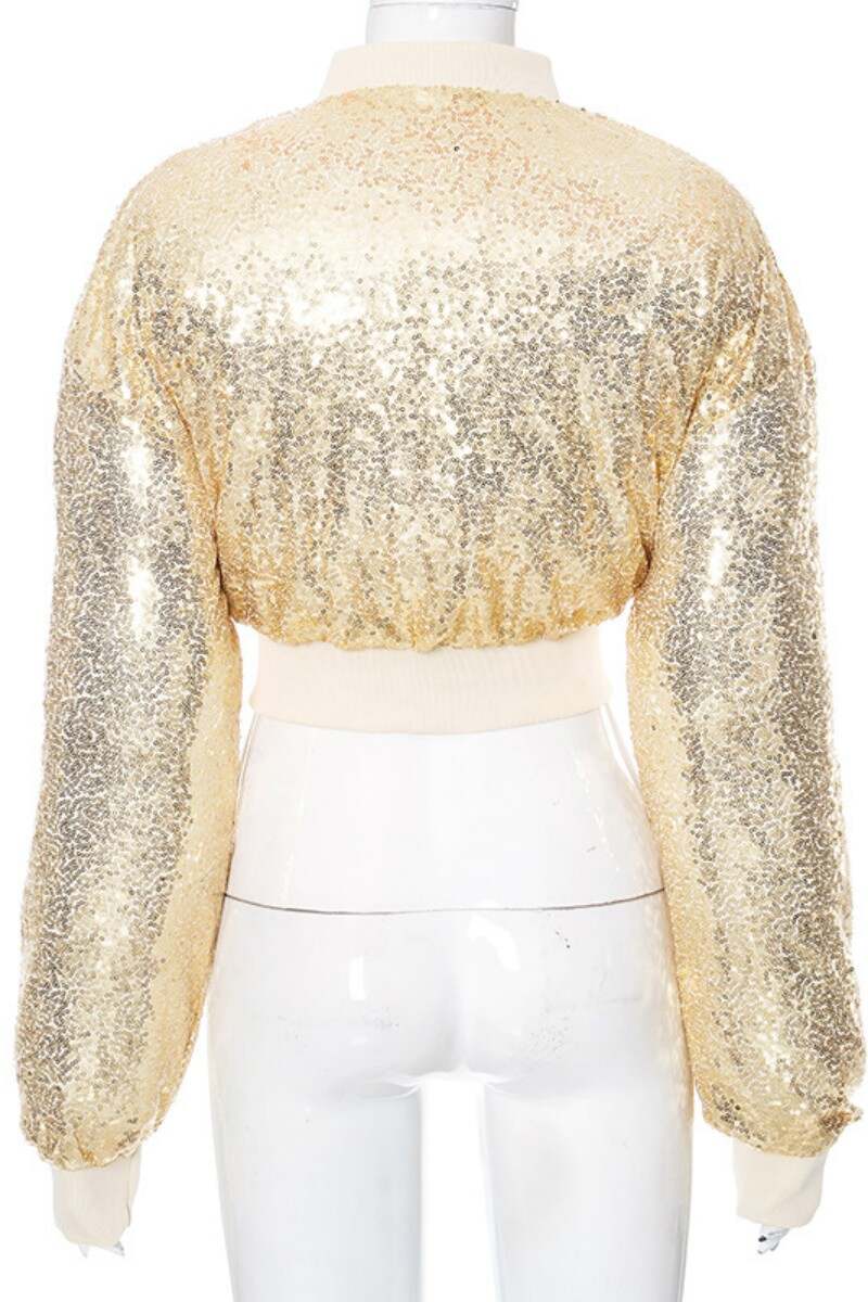 Yellow Casual Patchwork Sequins O Neck Outerwear