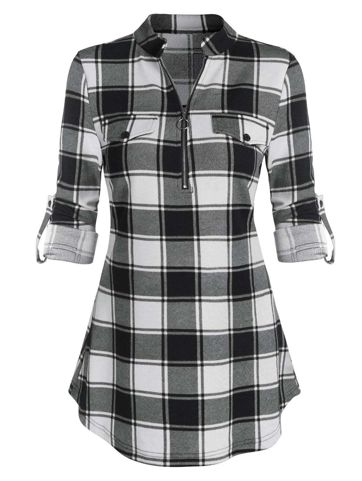 Women Plaid Print Half Zip Sleeve Blouse