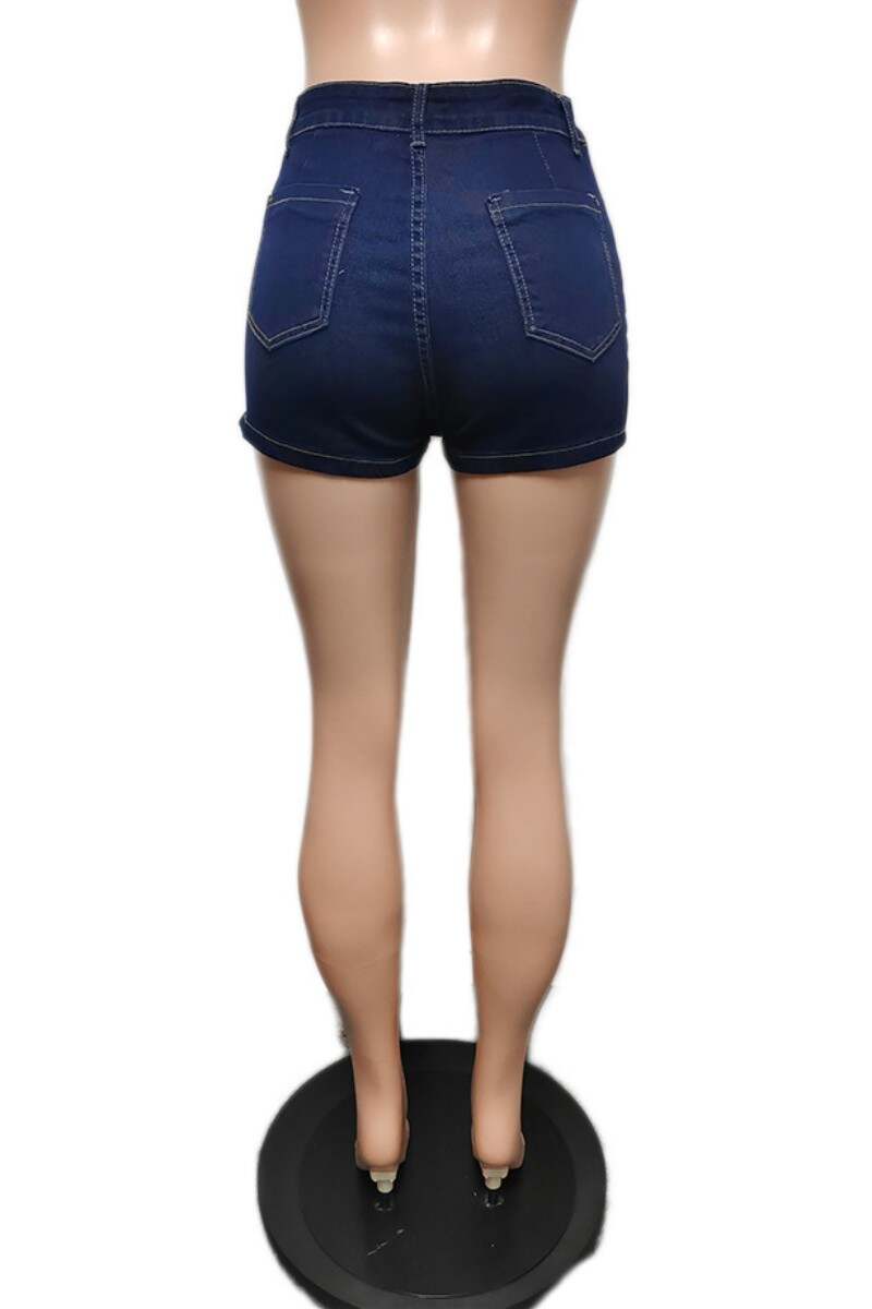 Deep Blue Casual Solid Patchwork High Waist Skinny Denim Shorts