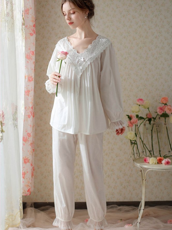 Elegant V Neck Loose Cotton Long Sleeve Pajama Set