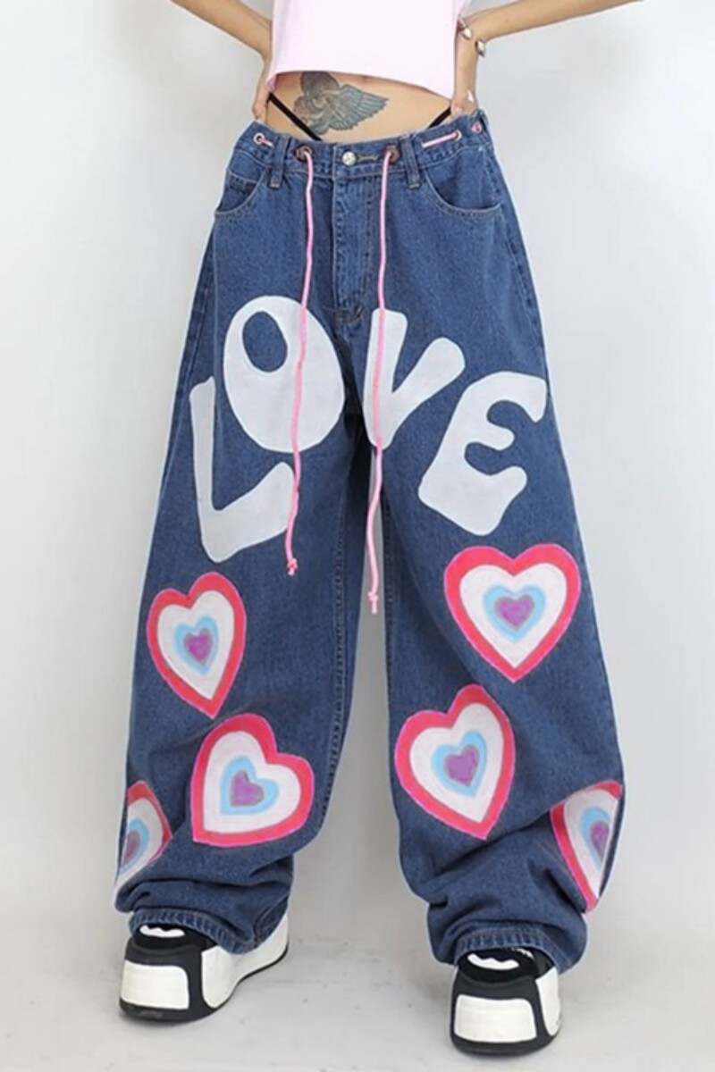 Blue Casual Letter Print Basic Mid Waist Regular Denim Jeans