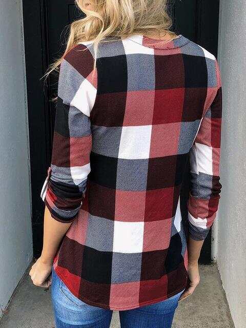 Long Sleeve Plaid Print V-neck Tops