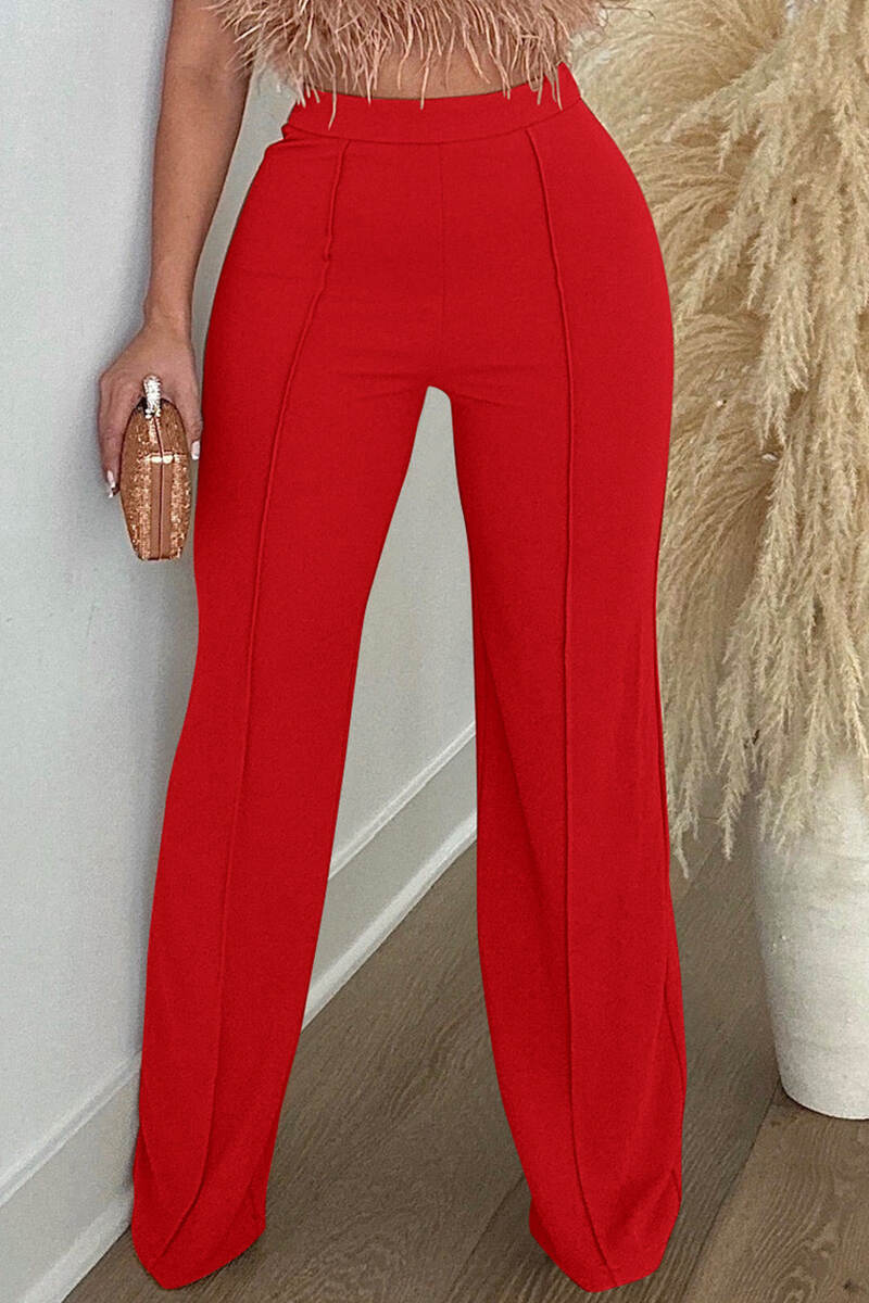 Red Casual Solid Basic Regular High Waist Conventional Solid Color Trousers