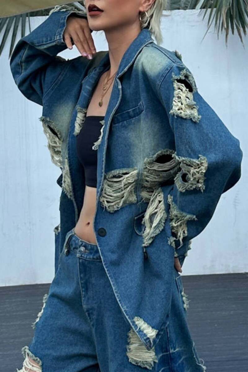 Blue Casual Solid Ripped Cardigan Turndown Collar Long Sleeve Regular Denim Jacket