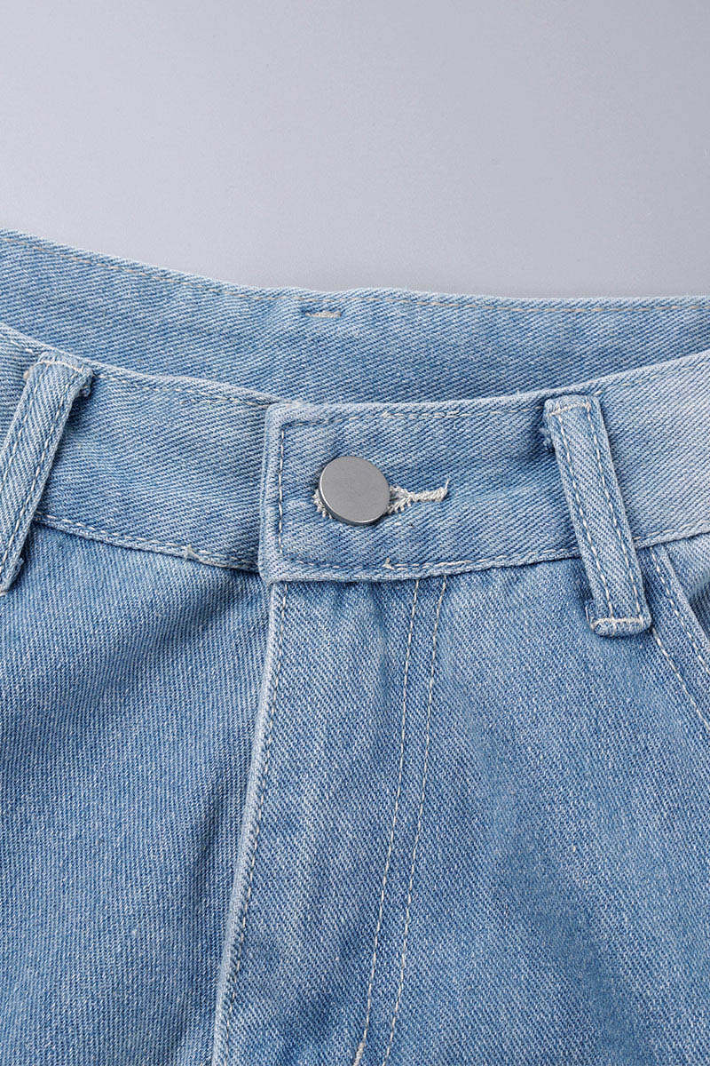 Light Blue Street Solid Ripped Patchwork Pocket Buttons Zipper Mid Waist Straight Denim Jeans