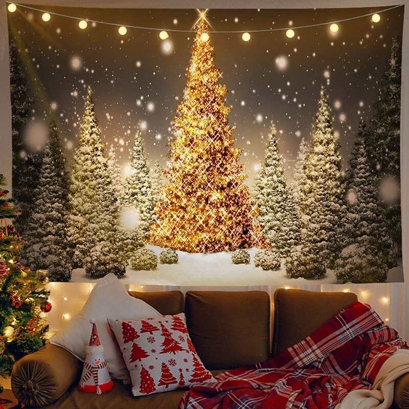 Christmas Decor LED Lights Wall Tapestry Snow Forest Christmas Tree Print