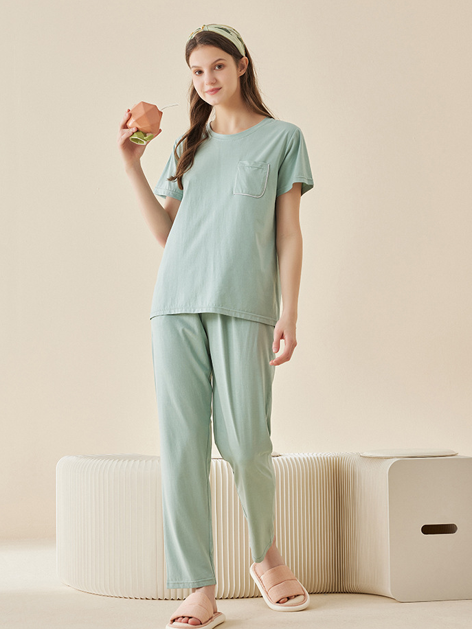 Simple Plain Loose Crew Neck Short Sleeve Pajama Set