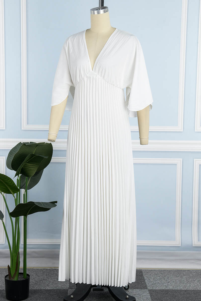 White Casual Solid Patchwork V Neck Pleated Dresses