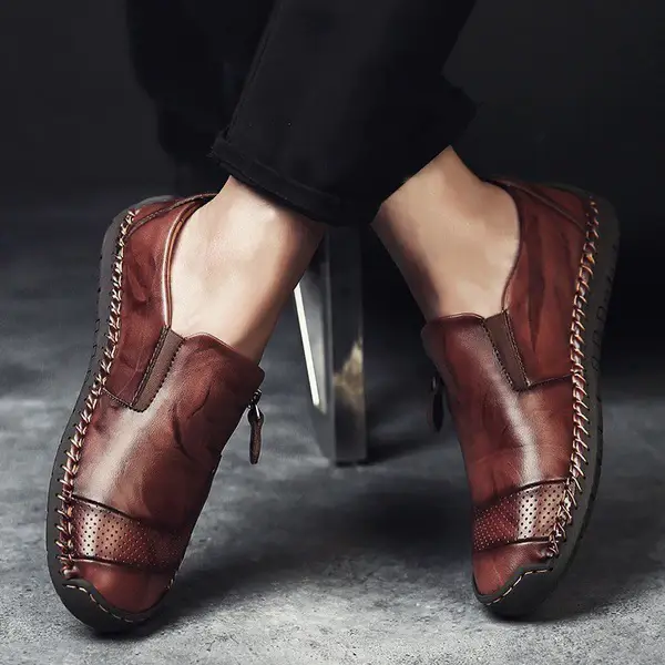 Men Hand Stitching Zipper Slip-ons Leather Shoes