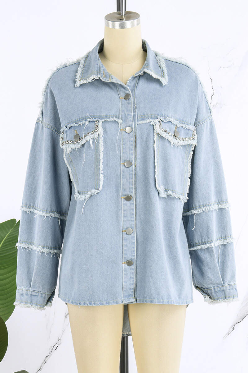 Apricot Casual Solid Patchwork Turndown Collar Long Sleeve Regular Denim Jacket