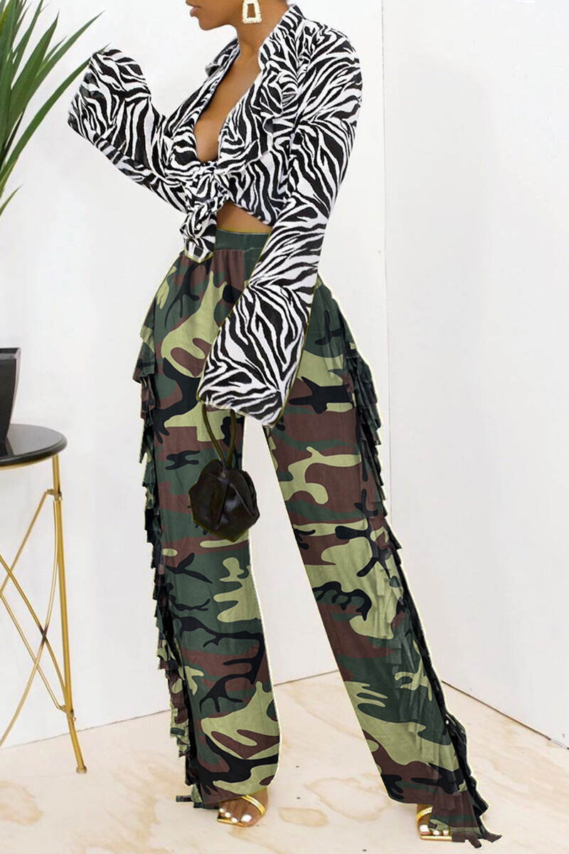 Leopard Print Street Leopard Camouflage Print Tassel Patchwork Straight High Waist Straight Full Print Bottoms